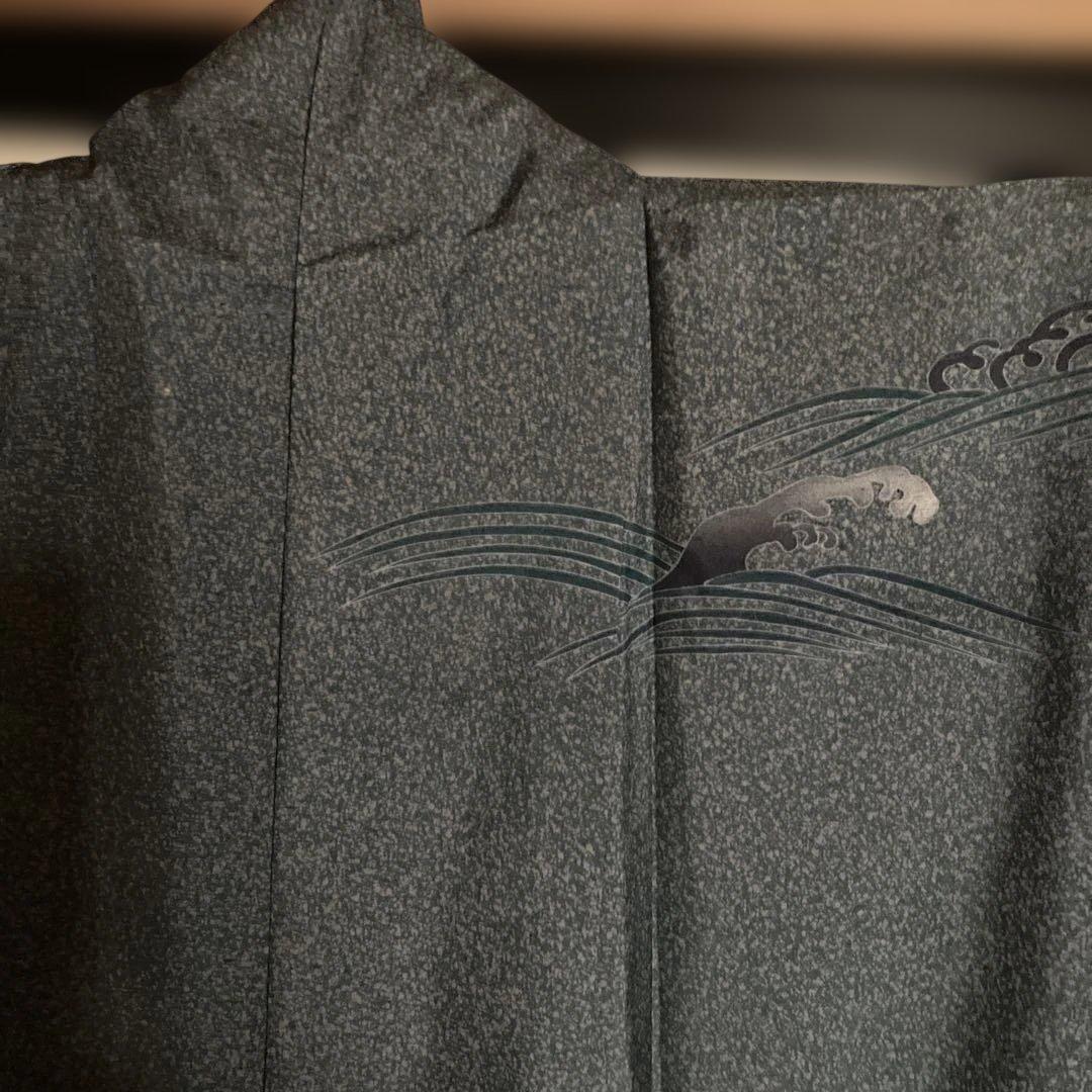 牛首紬叩き染め、訪問着、白山工房烙印￼