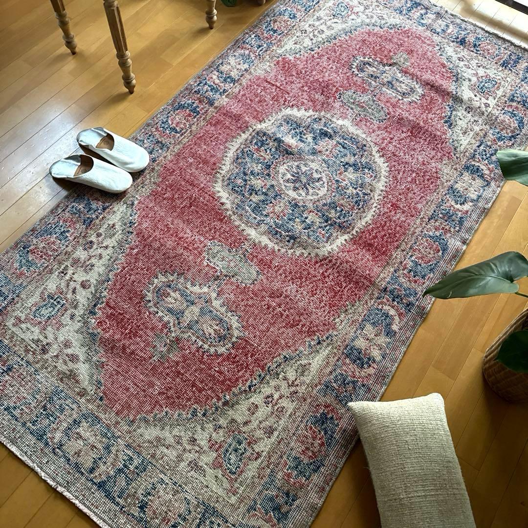 101.5×221赤と青　王道メダリオン　トルコヴィンテージラグ