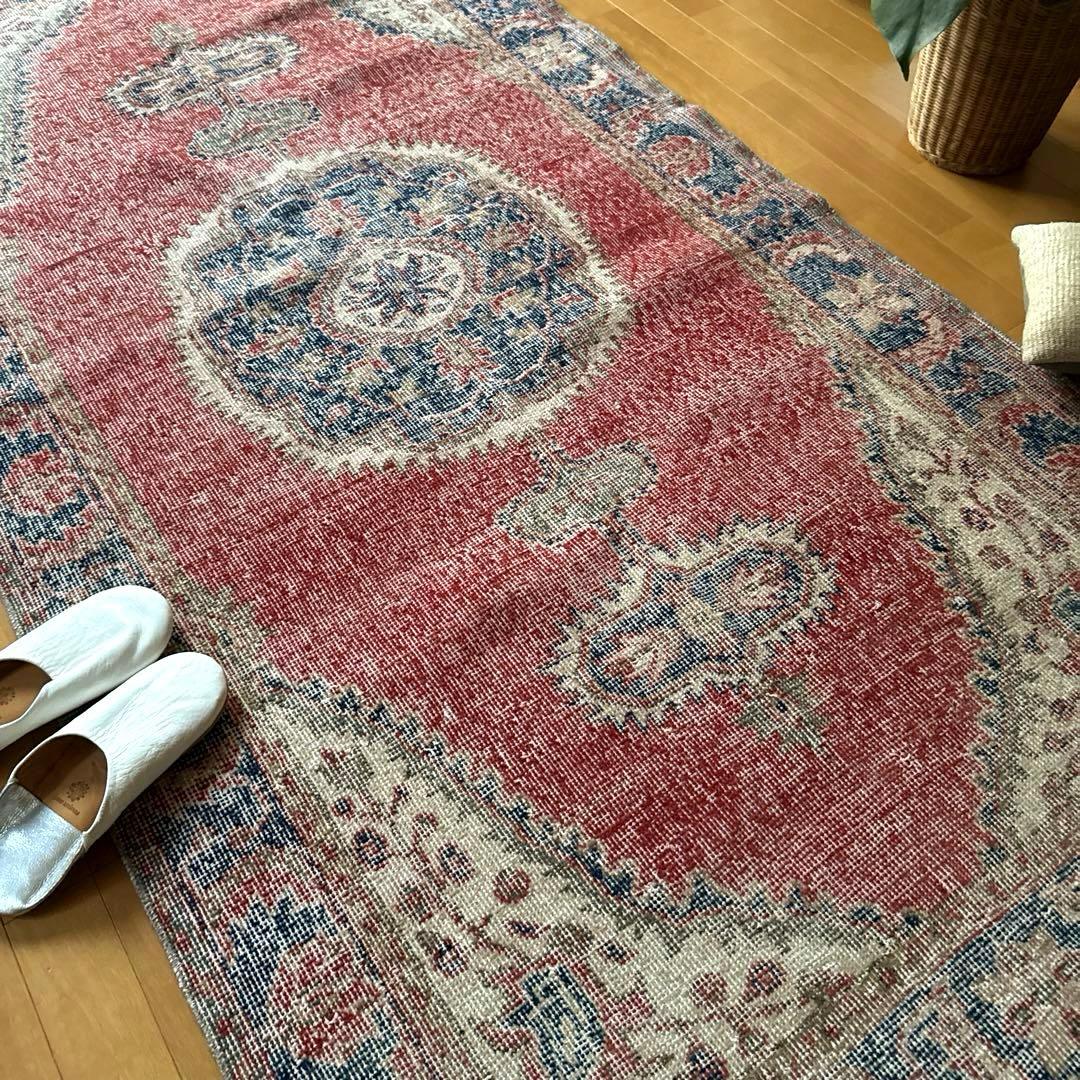 101.5×221赤と青　王道メダリオン　トルコヴィンテージラグ