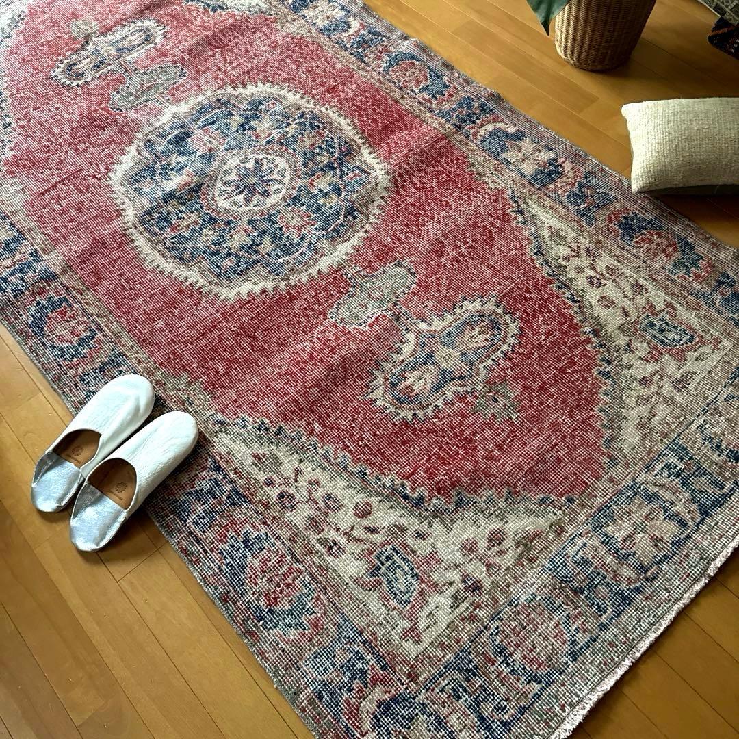 101.5×221赤と青　王道メダリオン　トルコヴィンテージラグ