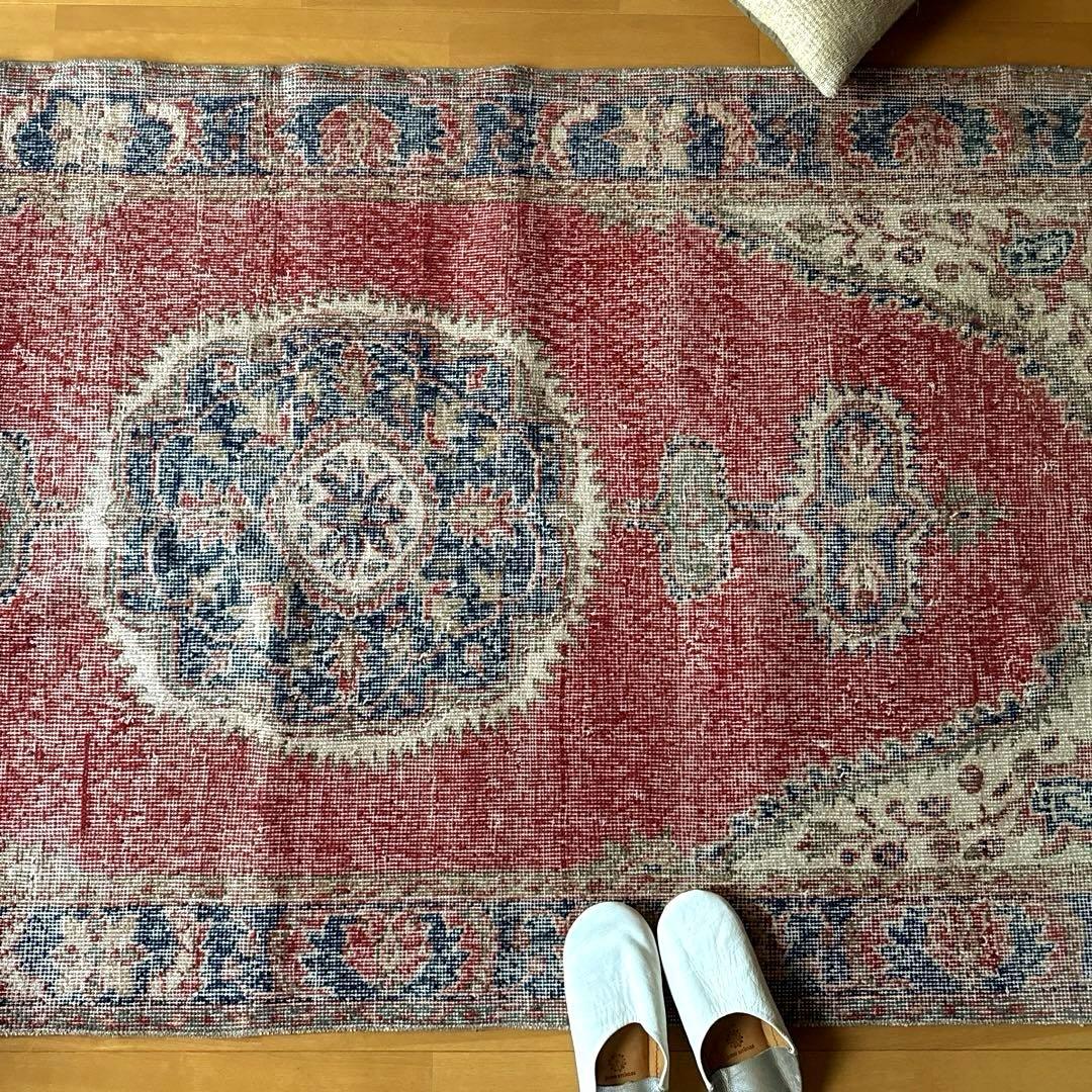 101.5×221赤と青　王道メダリオン　トルコヴィンテージラグ
