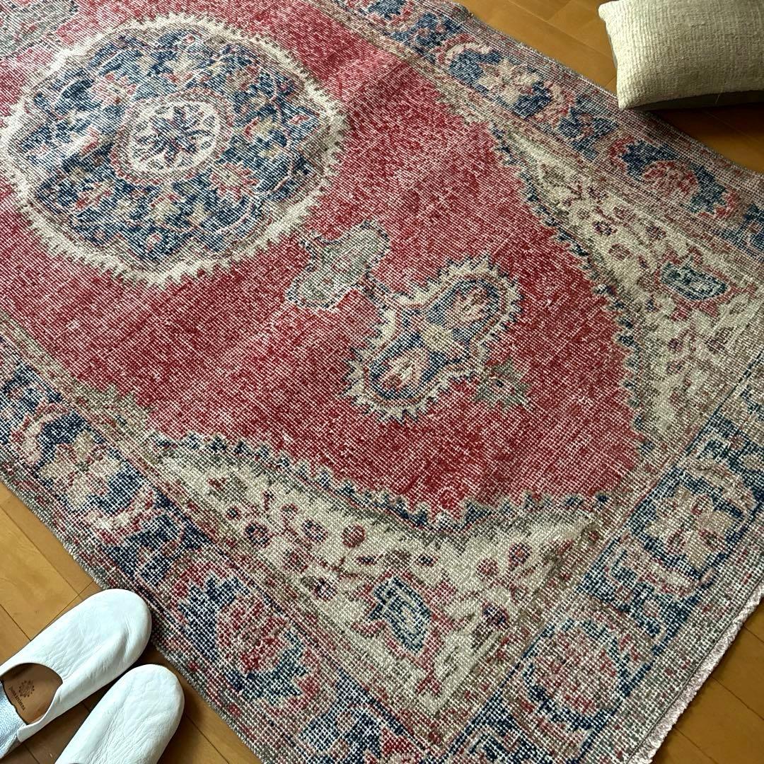 101.5×221赤と青　王道メダリオン　トルコヴィンテージラグ