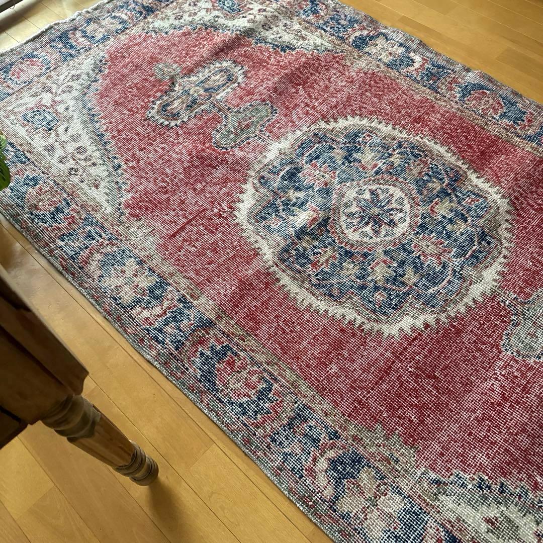 101.5×221赤と青　王道メダリオン　トルコヴィンテージラグ