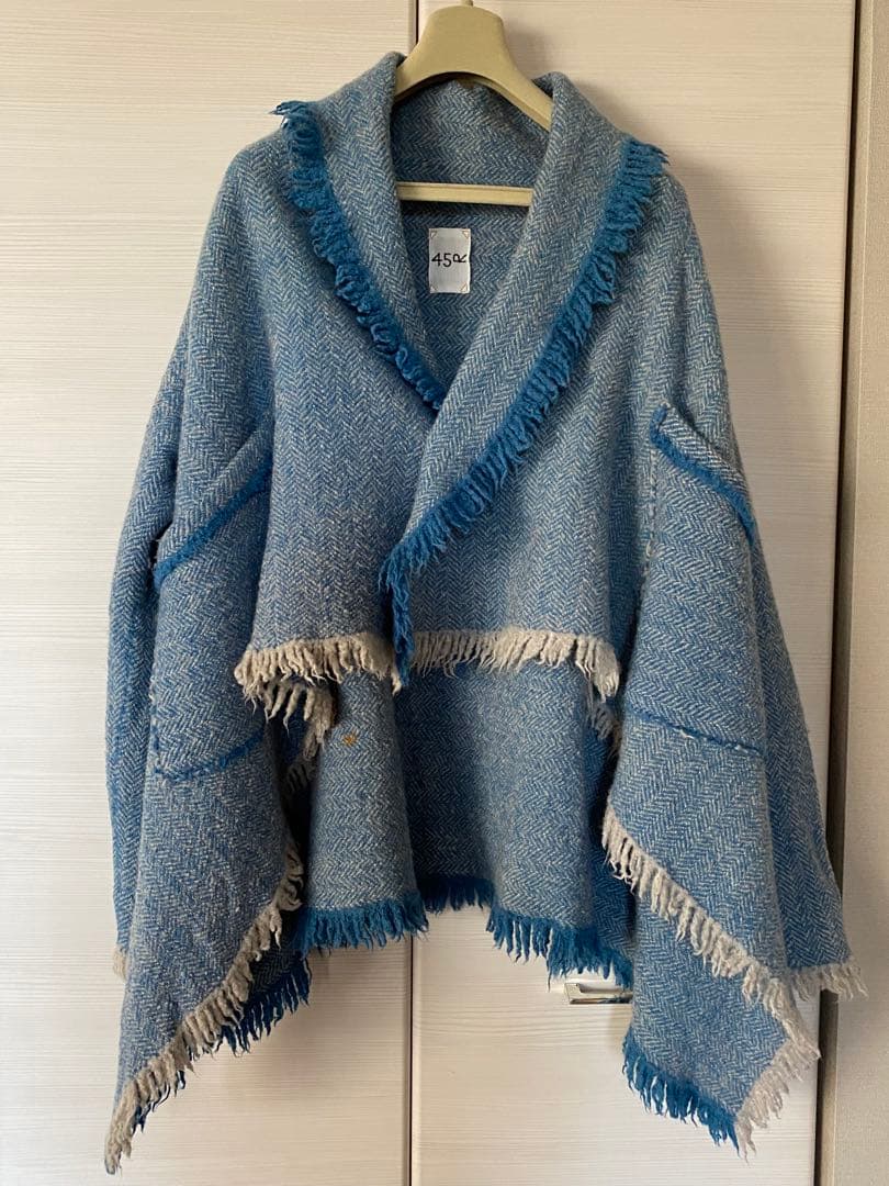 ４５Ｒ４５ｒインドメリノのポンチョショートサックスヘリンボーン定価￥68,200