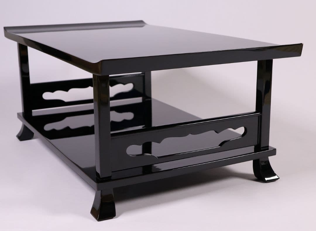 輪島塗 黒塗 二段卓 冠卓 幅52.7×32cm 木製 花台 漆芸【MA938】