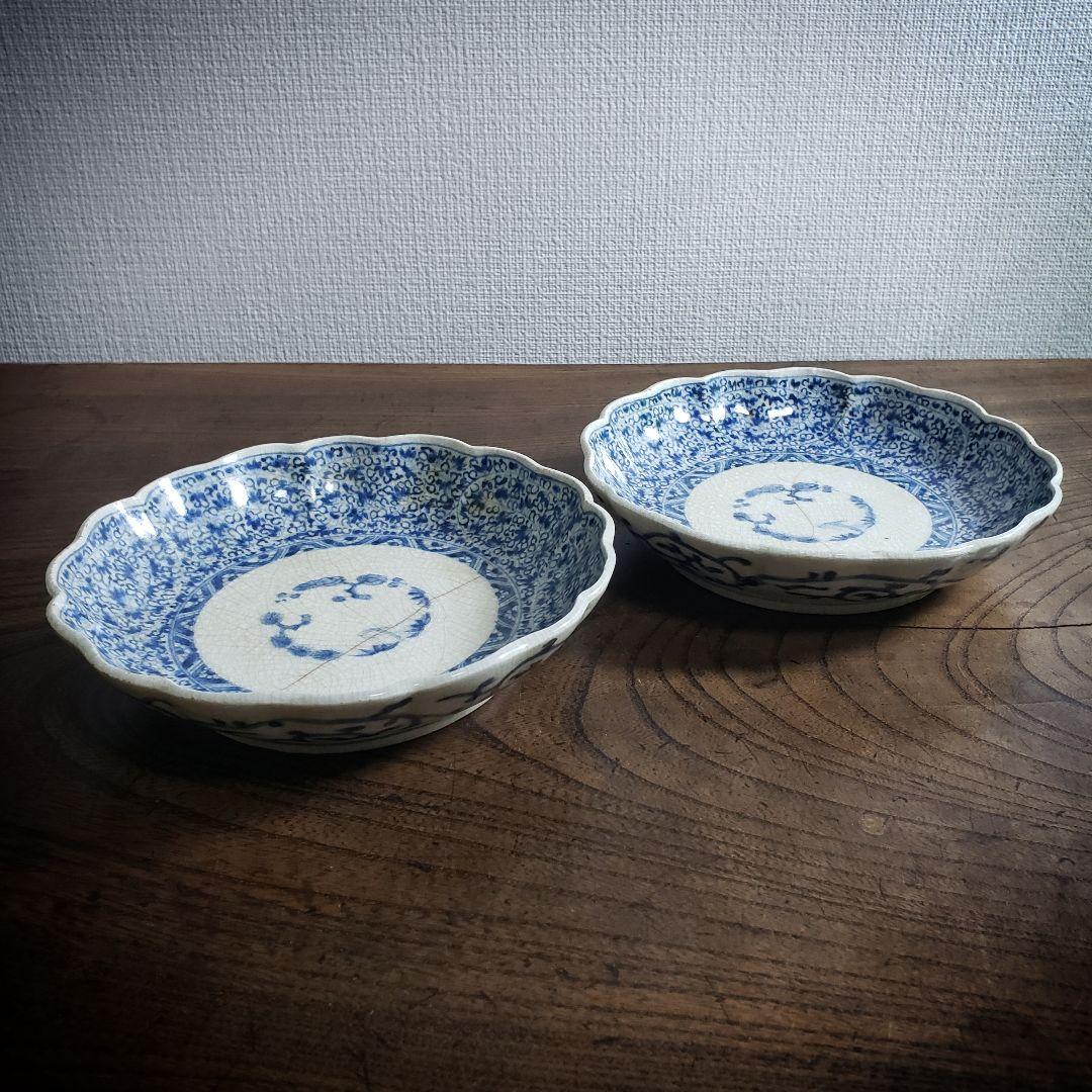 なます皿　染付　微塵唐草　富貴長春　古伊万里　　二枚　貫入　江戸　松竹梅　ロ号