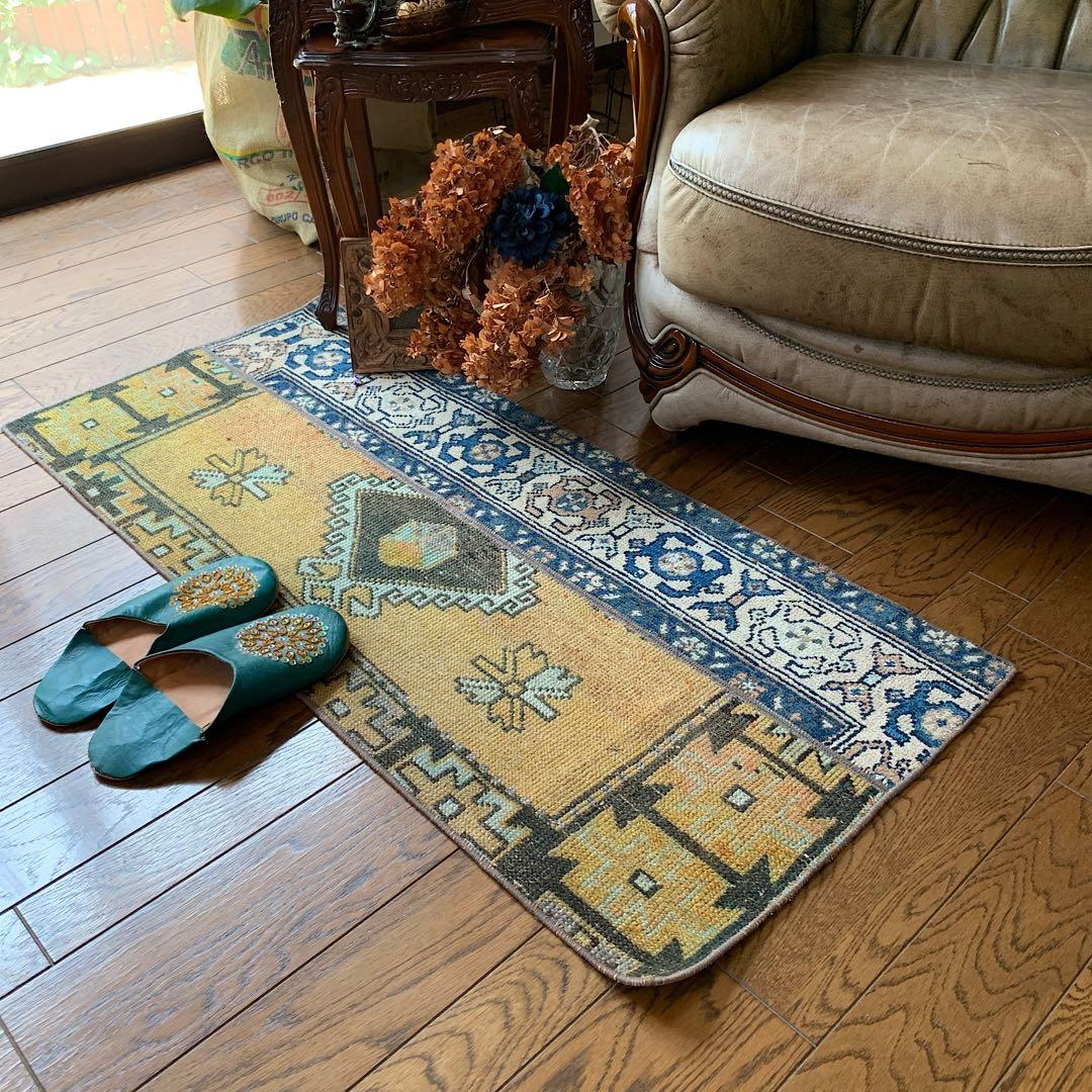 トルコヴィンテージラグ　マスタードイエロー115cm×52cm トルコラグ