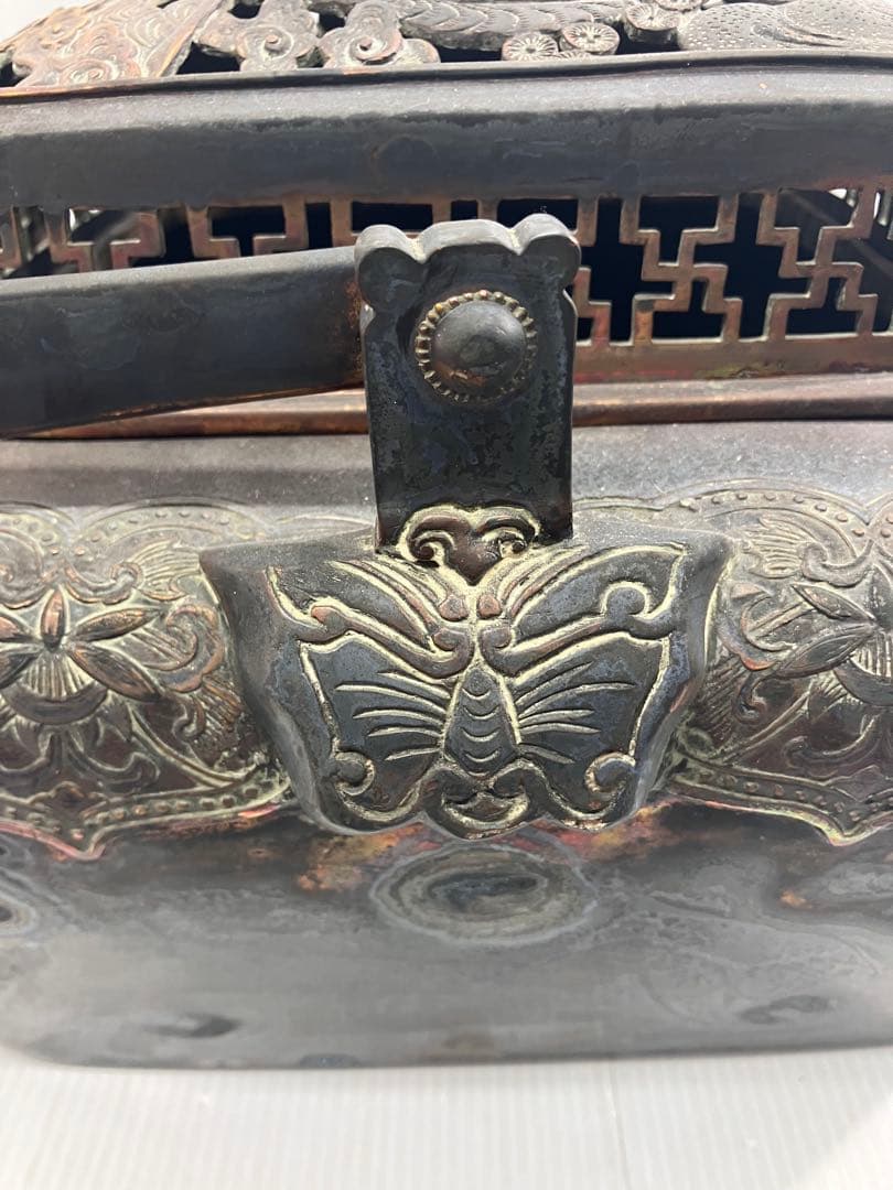 【5.8kg重厚】大明宣徳年製刻印 大型 銅製手炉 浮彫 透かし蓋 香炉 骨董品
