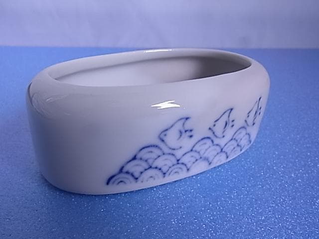 波千鳥　印判手　小物入れ　花器　明治　大正　戦前　小鳥　古民芸　染付　水盤　陶器