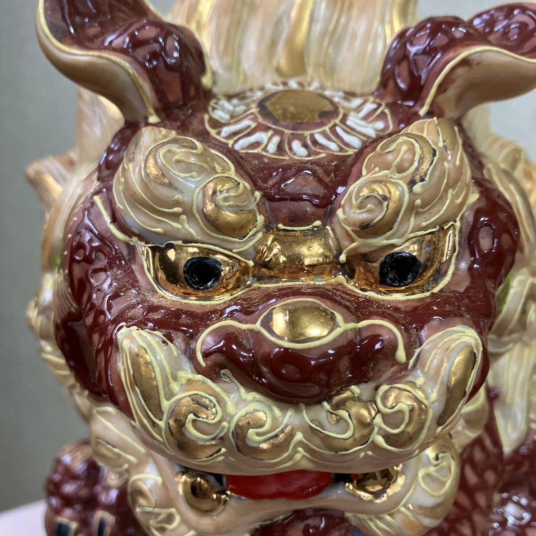 唐獅子 九谷焼 置物 魔除け 狛犬 玉獅子 縁起物 特大　刻印あり 外箱あり