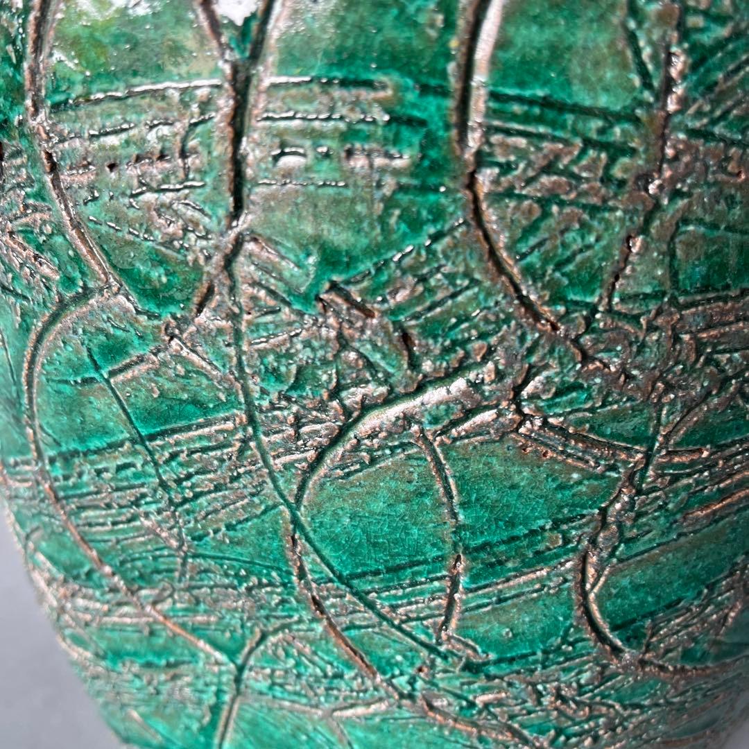 信楽焼傘立て  緑釉線彫 高さ43cm