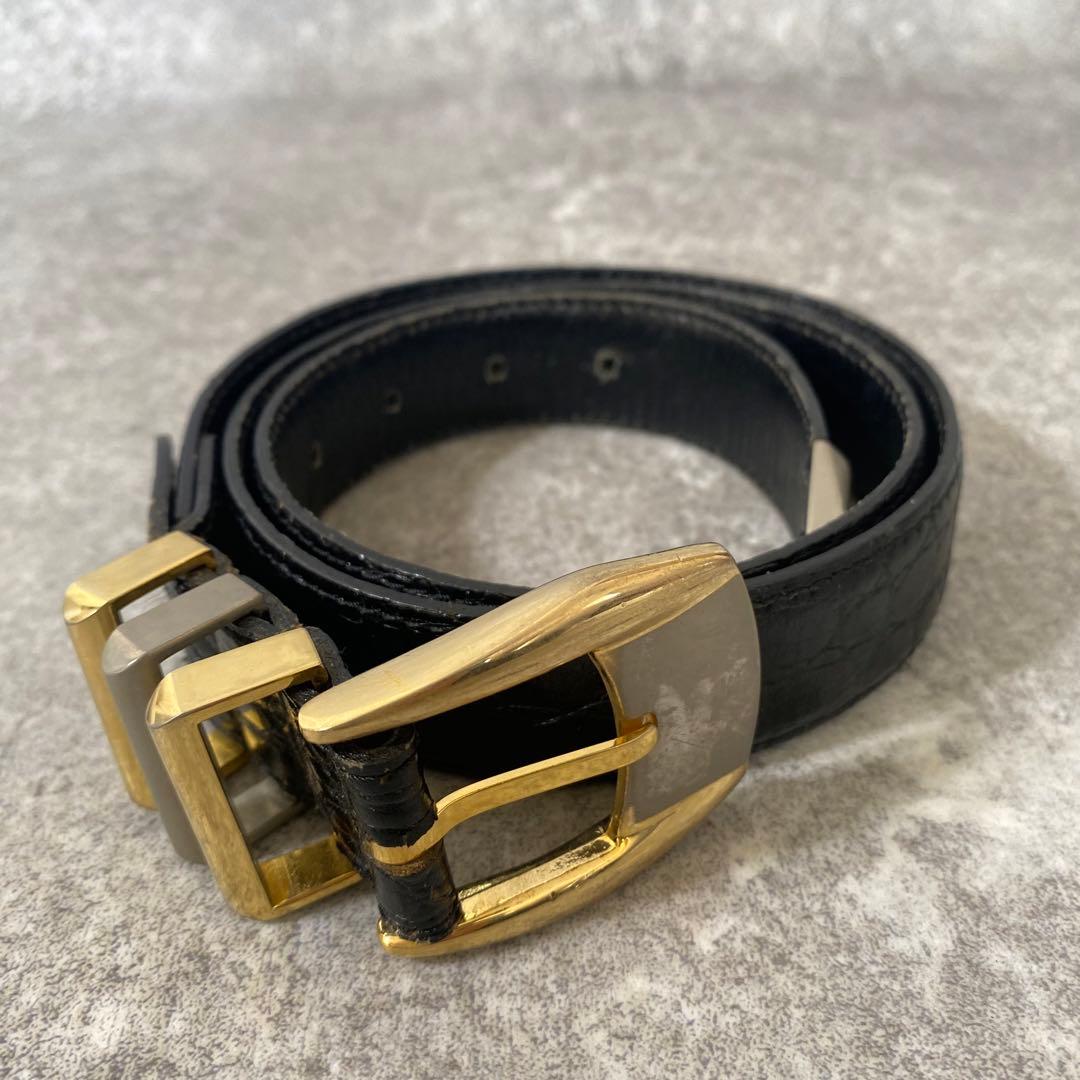 ヴェルサーチ　ベルト　クロコ型押し　レザー　ブラック　ゴールド金具