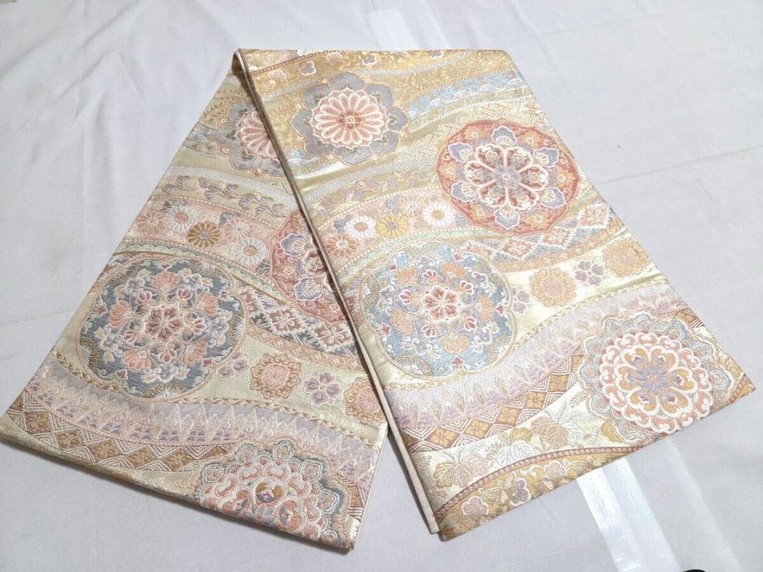 G 正倉院華文 金糸 菊 唐草唐花 桐 パステル 六通 正絹 フォーマルな袋帯