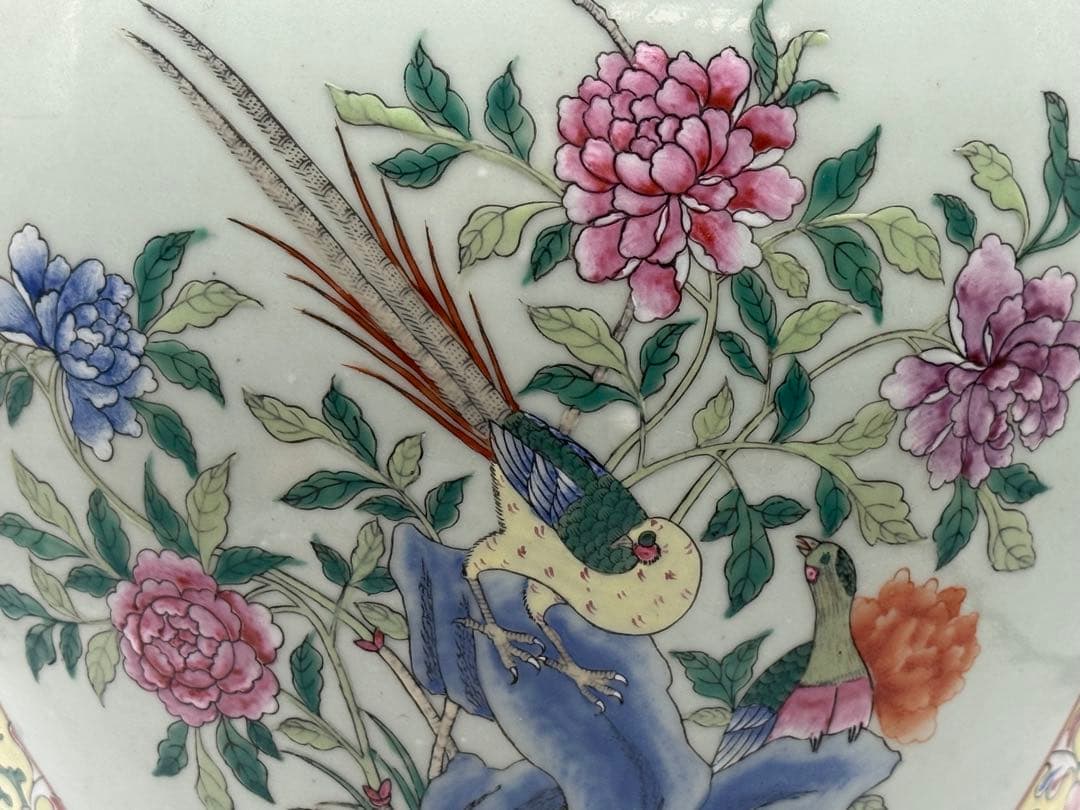 中国　清時代　粉彩　獅子摘み　花鳥紋大壺　送料込み251224