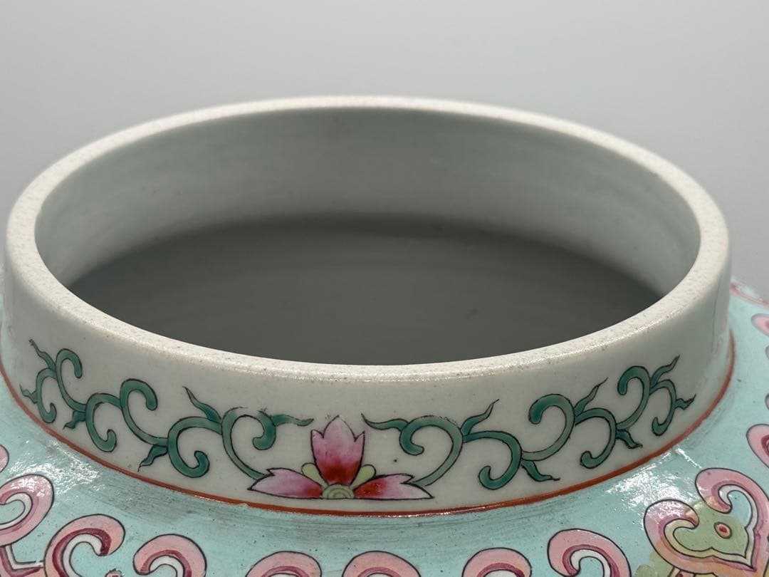 中国　清時代　粉彩　獅子摘み　花鳥紋大壺　送料込み251224