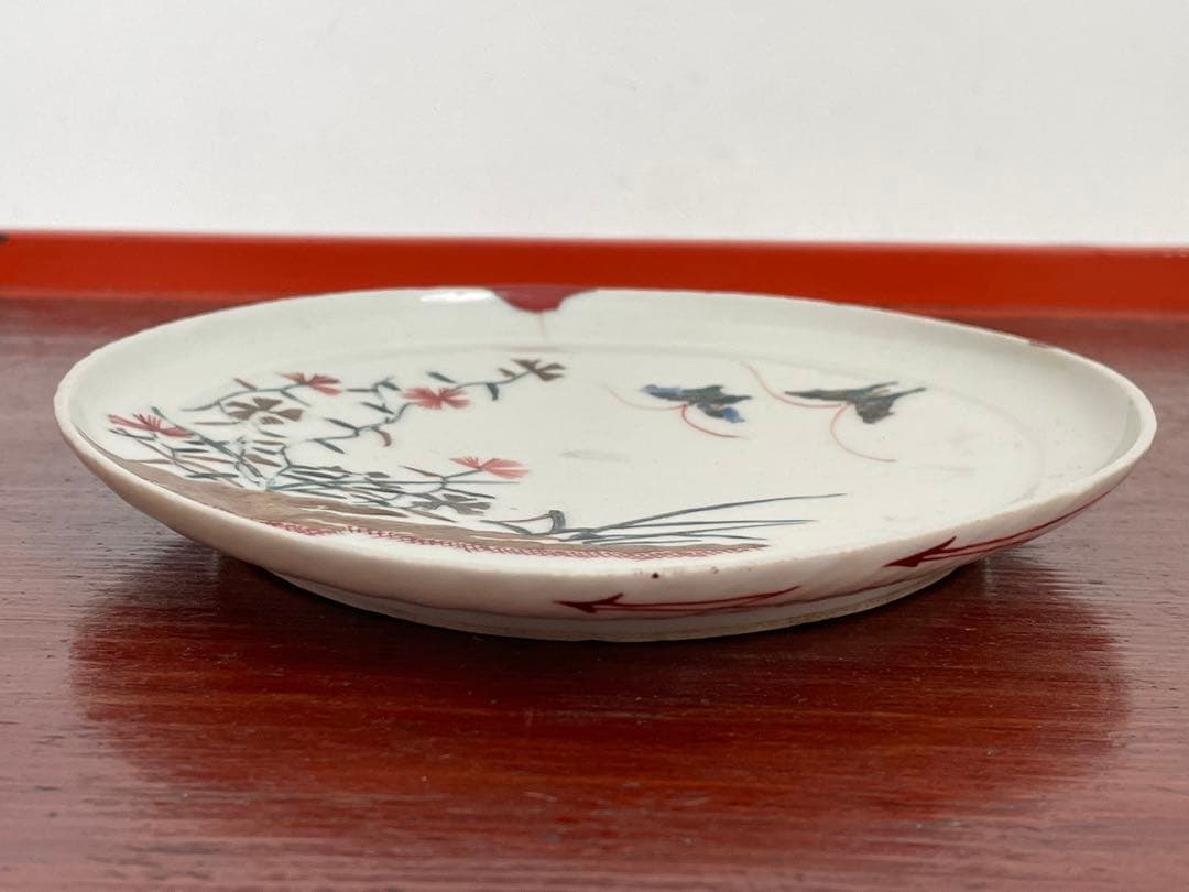 #2 骨董　アンティーク　色絵古九谷　撫子蝶々図　丸皿　五寸皿　角福　古九谷