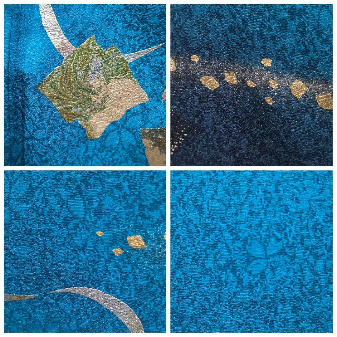 C5◆着物くつろぎ 桜に三日月模様 金銀彩 青緑 袷 正絹 成人式 振袖 着物