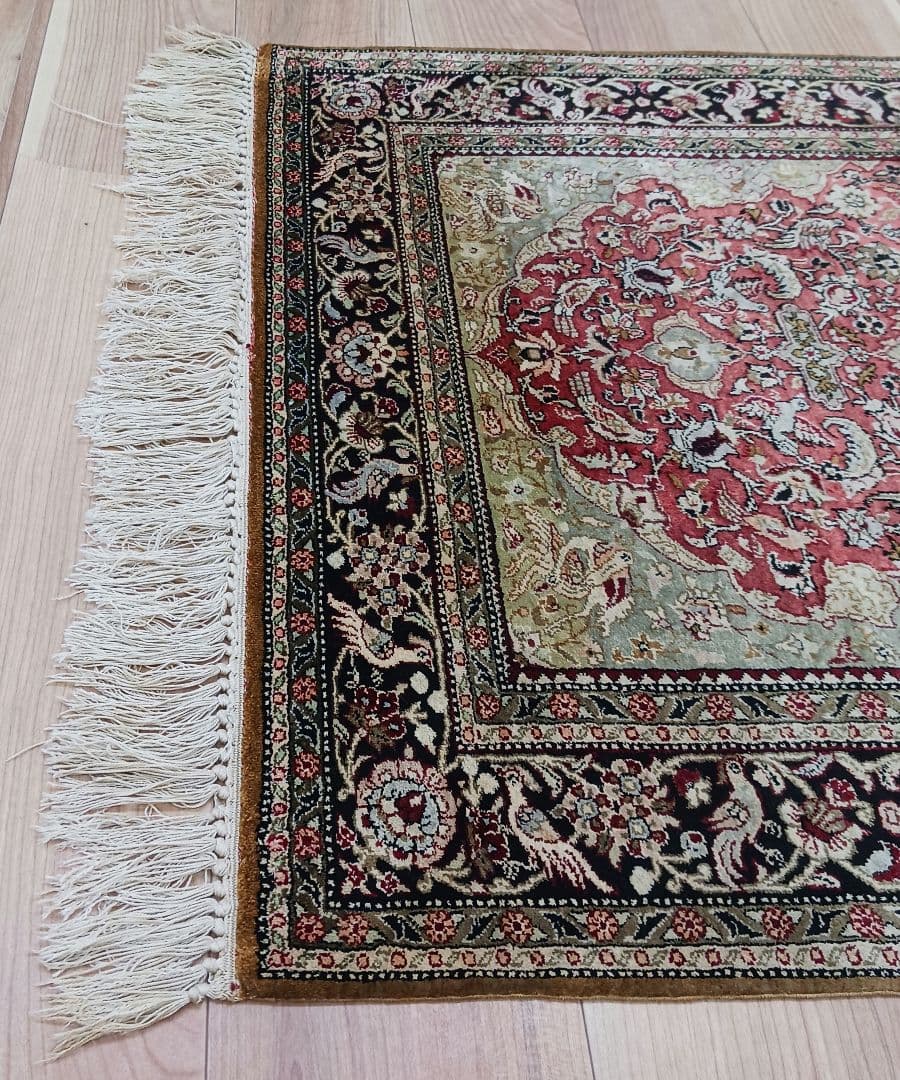 専用 Y3354 高級ペルシャ絨毯 クム シルク100% 手織り メダリオン