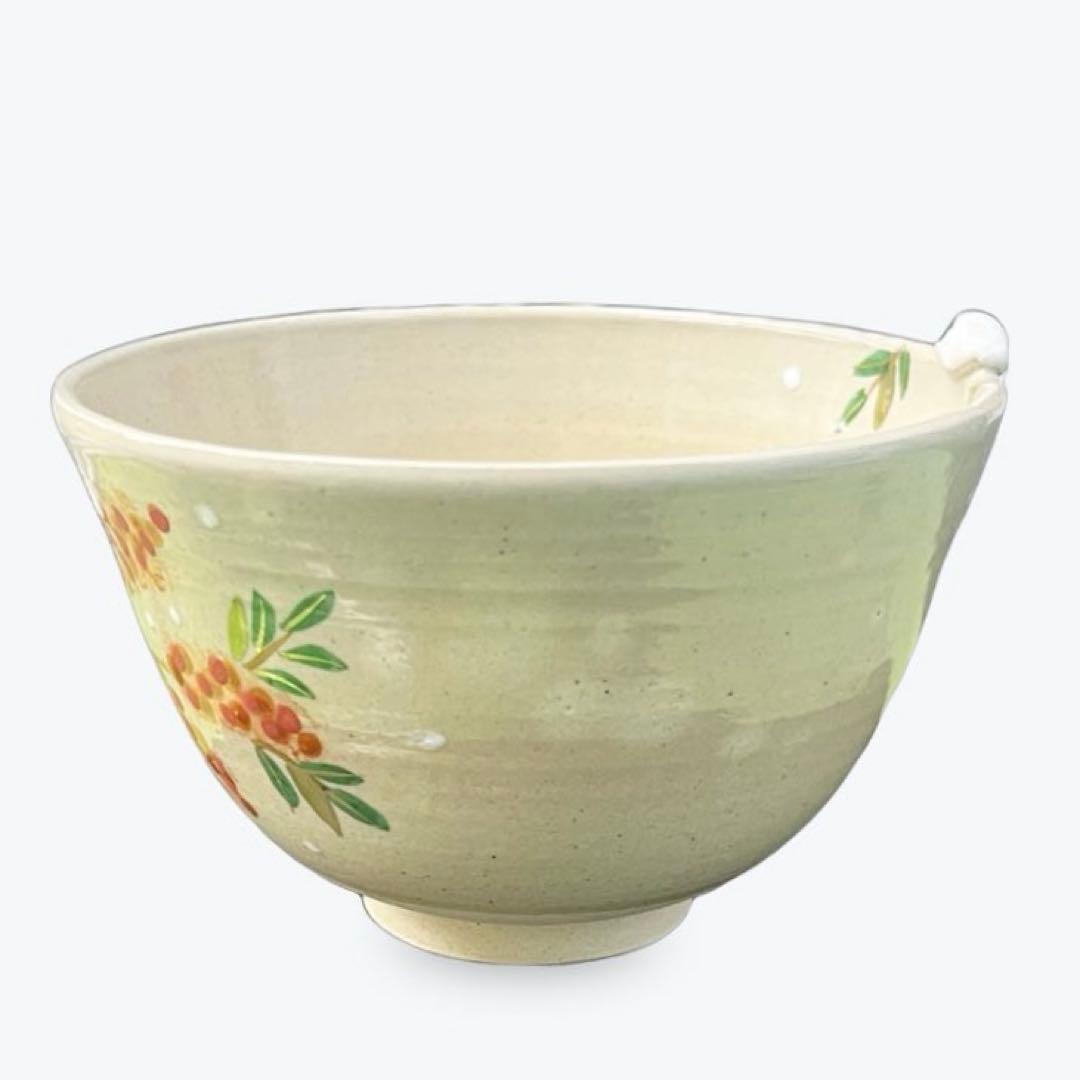 茶道具 茶碗 色絵 南天に雪うさぎ 東山 深山　抹茶茶碗　抹茶碗