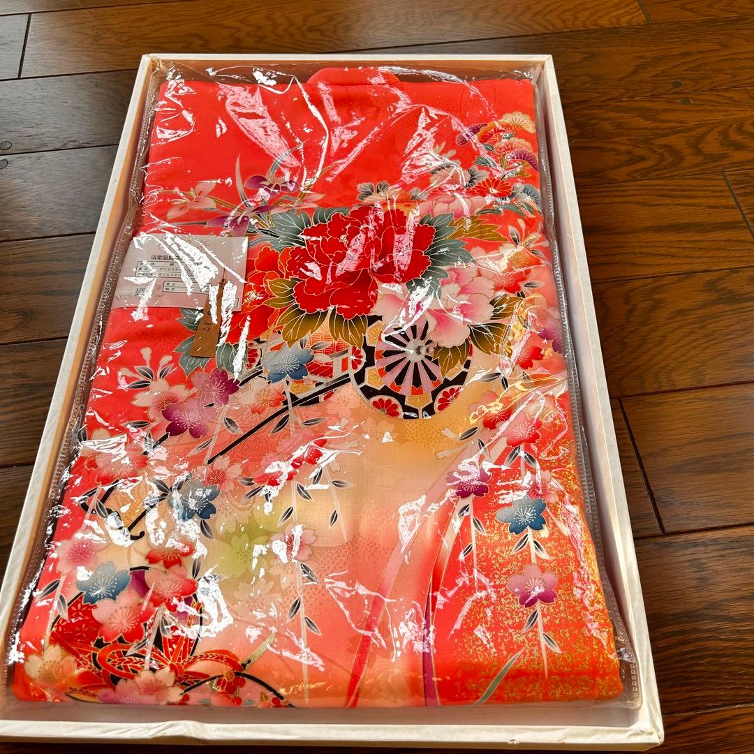 新品　正絹七五三用着物 ピンクと赤 花柄 身丈98cm お祝着物　日本製