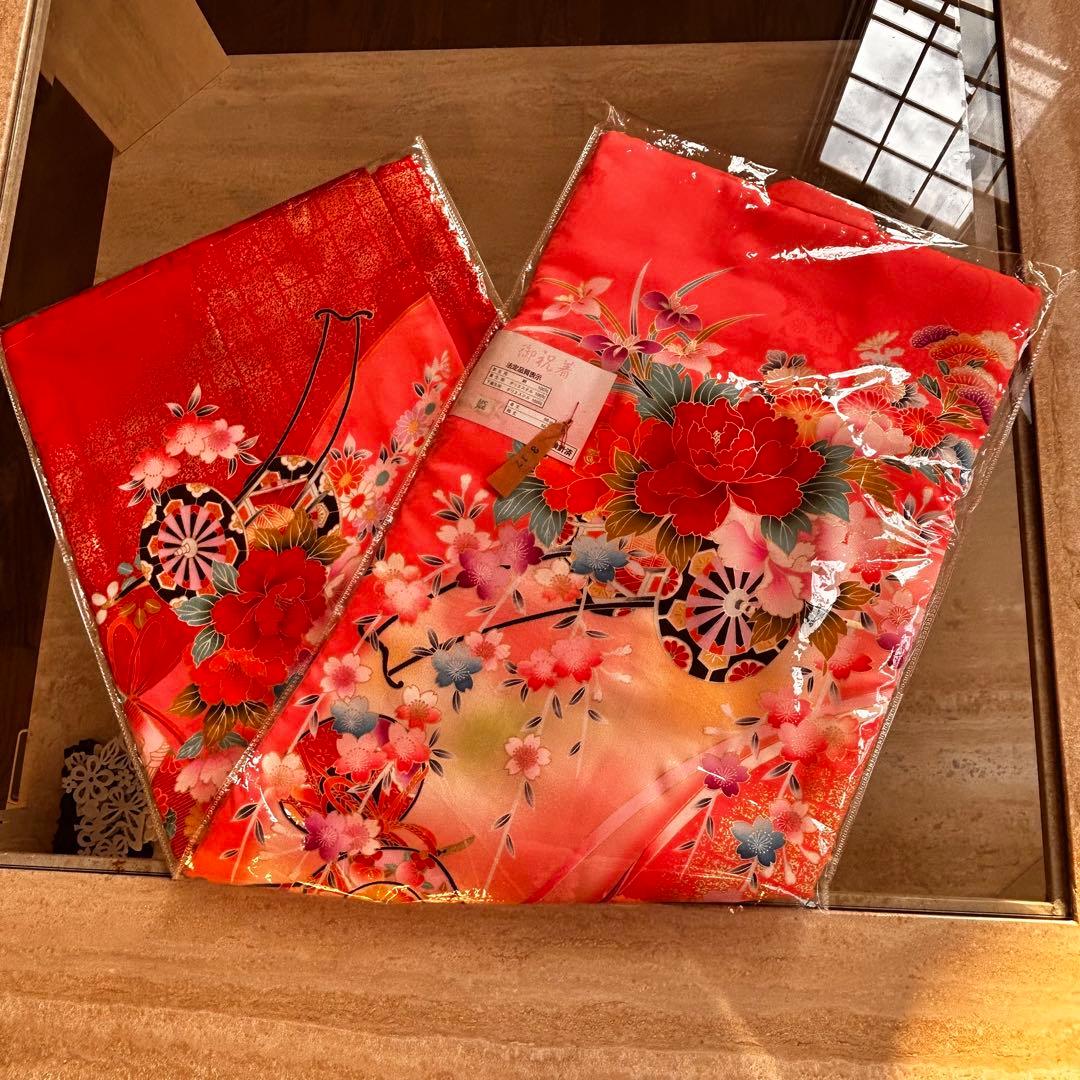 新品　正絹七五三用着物 ピンクと赤 花柄 身丈98cm お祝着物　日本製