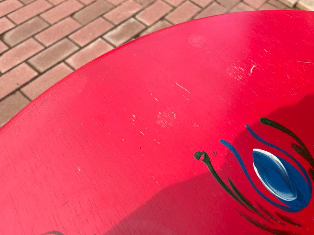 赤　花柄円形サイドテーブル　ヴィンテージ　昭和レトロ　トールペイント　机