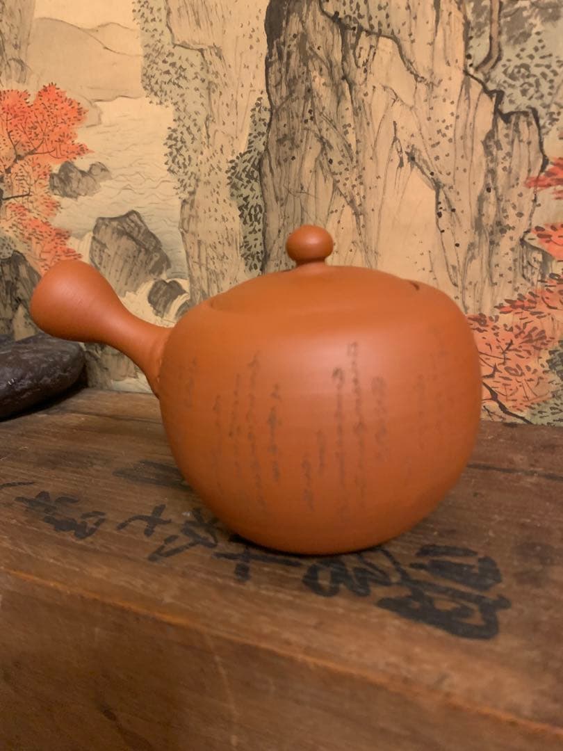 三代山田常山 人間国宝　朱泥茶注 六歌仙文字　古美術　　美品　　共箱　39