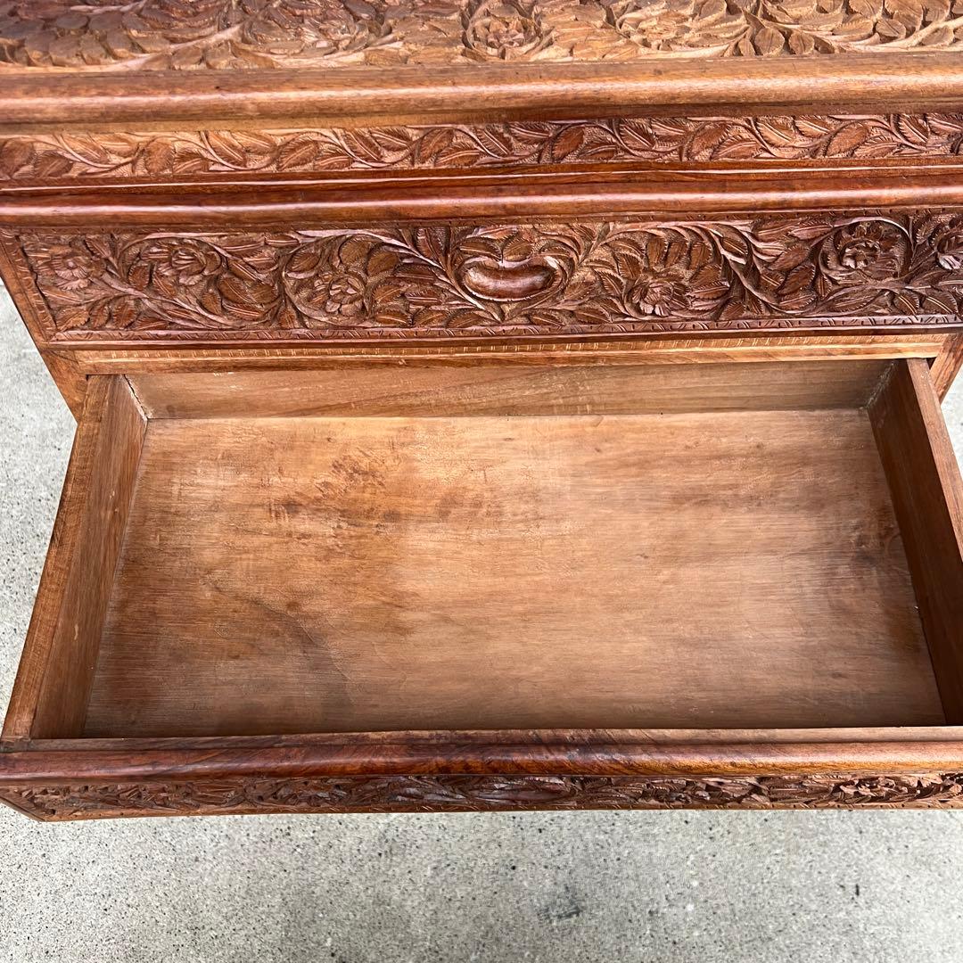 高級 アジアアン アンティーク 彫刻入り木製 引き出し付き