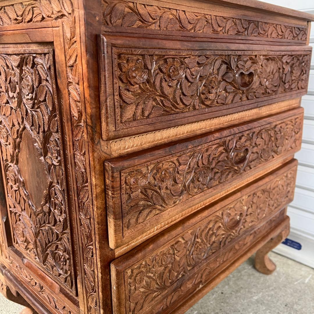 高級 アジアアン アンティーク 彫刻入り木製 引き出し付き