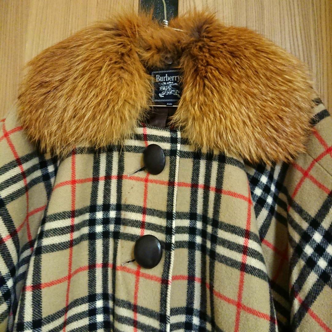 Burberrys ウールポンチョ&取り付け自在毛皮襟付き&ポケット付き
