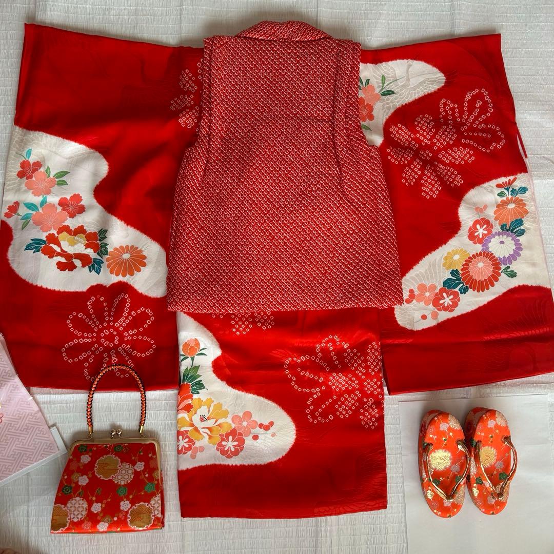 七五三 3歳 総絞り 被布 着物 絹 三歳 赤 草履 753 バッグ 花 レトロ