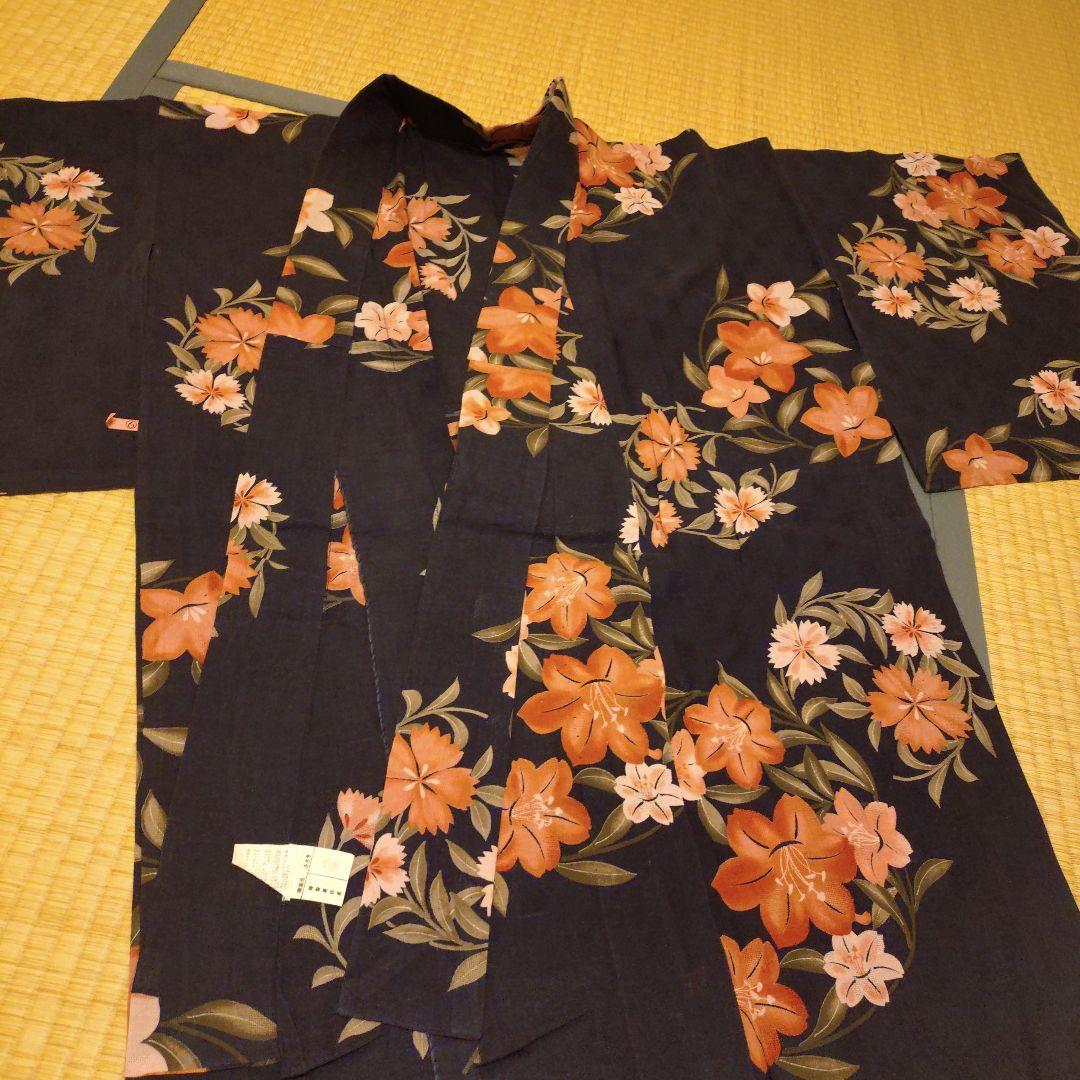 【lalala】【夢工房】浴衣・帯セット 紺色 撫子柄 下駄付き