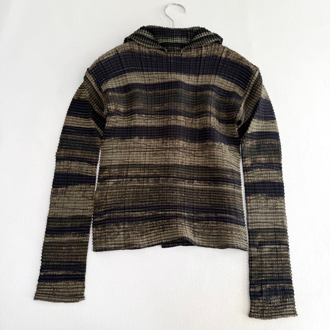 【イッセイミヤケ（T.）】プリーツ長袖シャツ（M）ブラック×カーキ　ブラウス