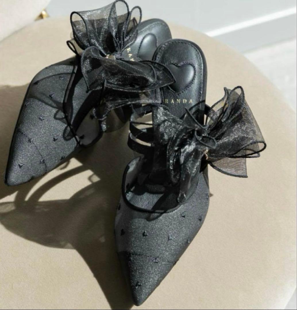 RANDA シフォンリボンハートミュールパンプス 25.5cm ブラック ランダ