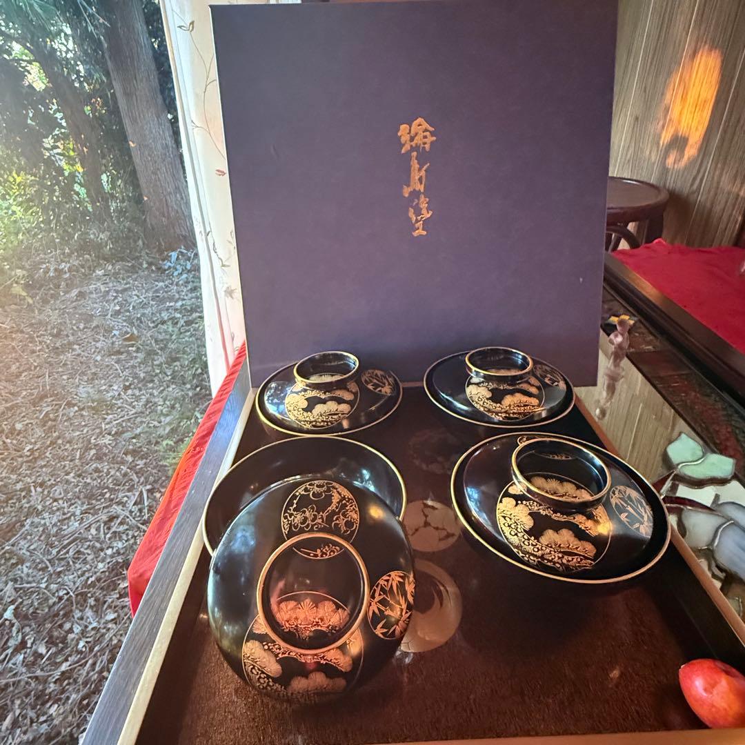 2115様感謝‼️ スーパームーン記念JAPAN輪島丸紋沈金松竹梅&鶴亀　黒椀4客