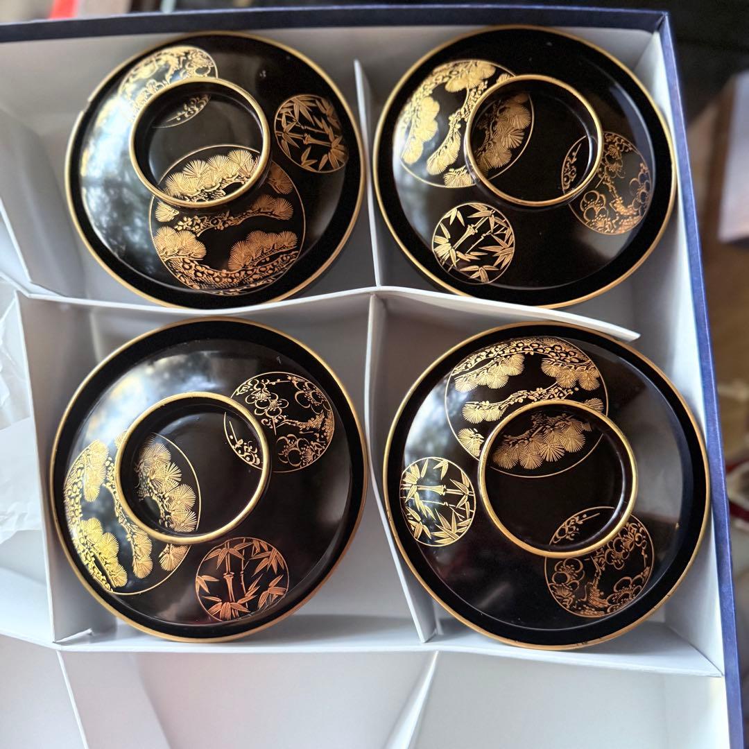2115様感謝‼️ スーパームーン記念JAPAN輪島丸紋沈金松竹梅&鶴亀　黒椀4客