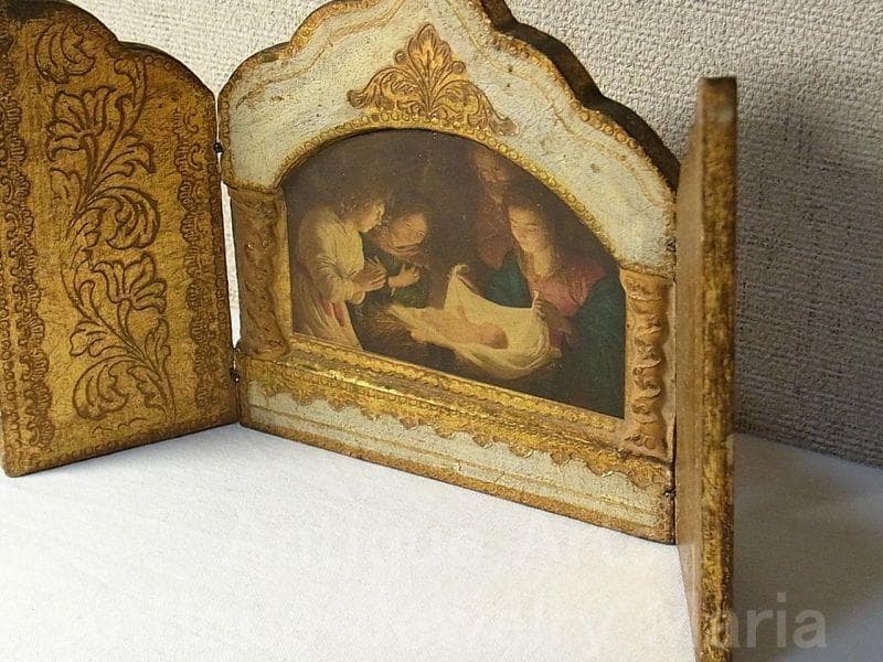 イタリア ヴィンテージ『観幼子イエスと聖母マリア』カルロ・ドルチ３枚続きの祭壇画