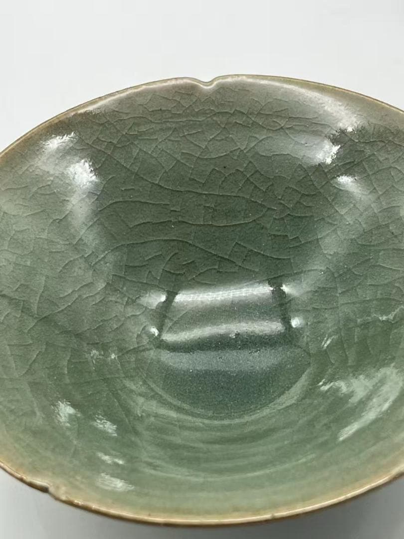 清時代 青磁 花口茶盞 越窯茶碗 一対　茶道具　中国古美術(A-84)