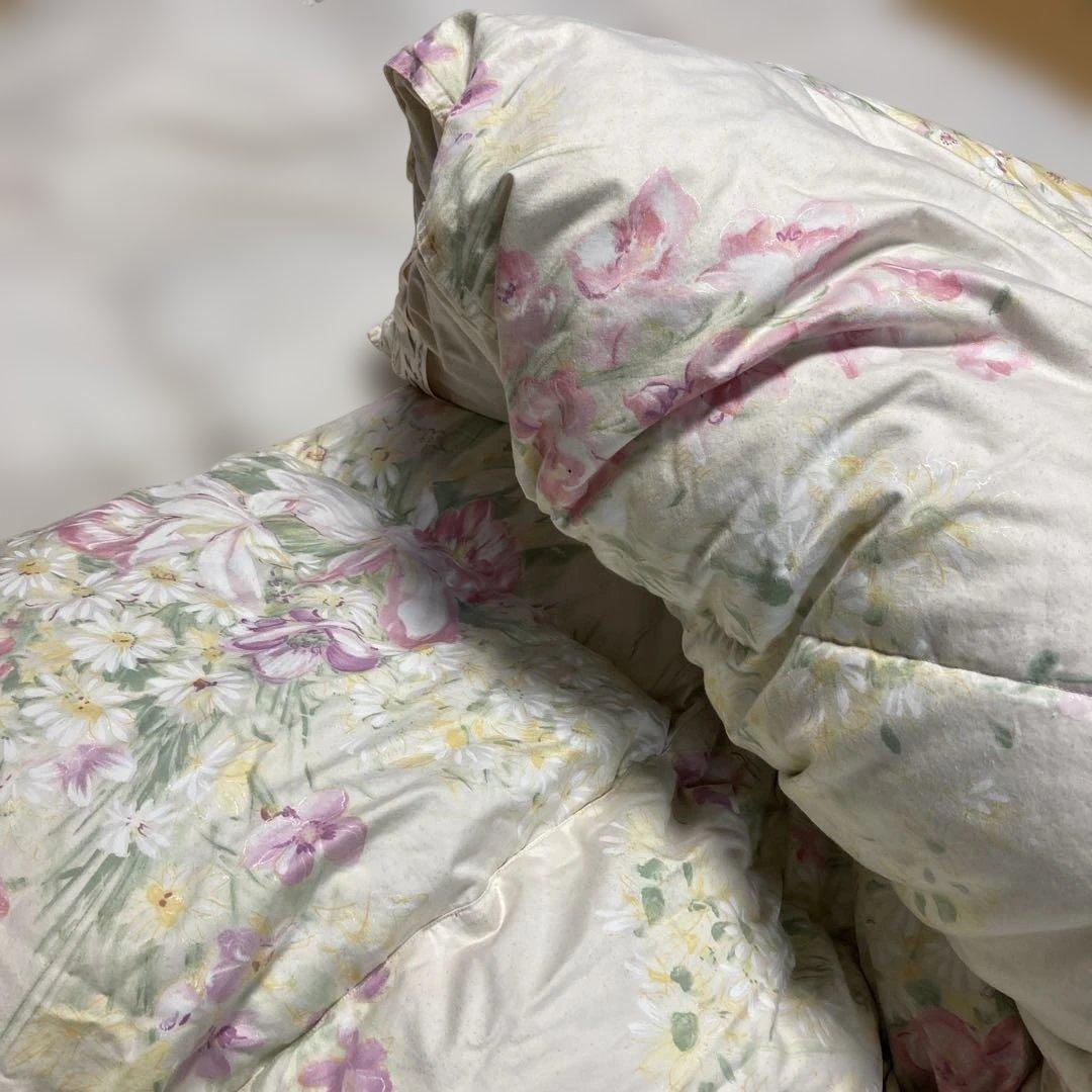 セミダブルロング ダウン/フェザー 掛け布団 花柄ホワイト