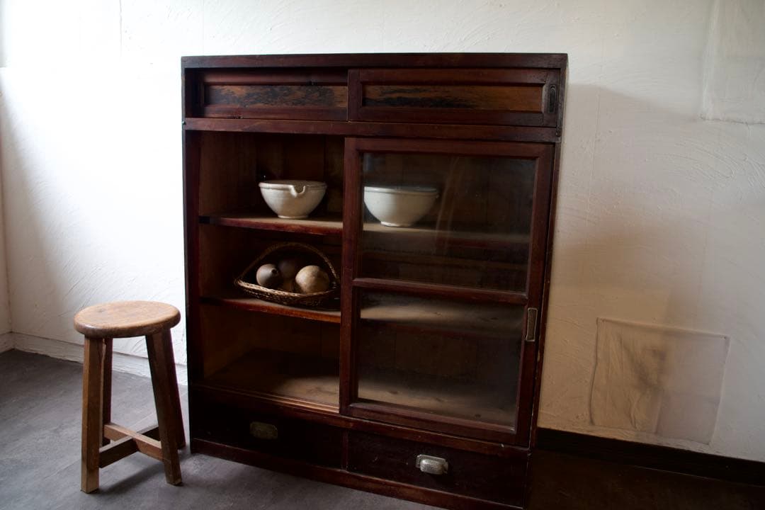木製ガラス棚　食器棚　古道具　アンティーク