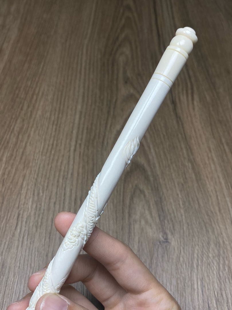 天然マンモス牙美しい手作り彫刻　彫龍　毛筆