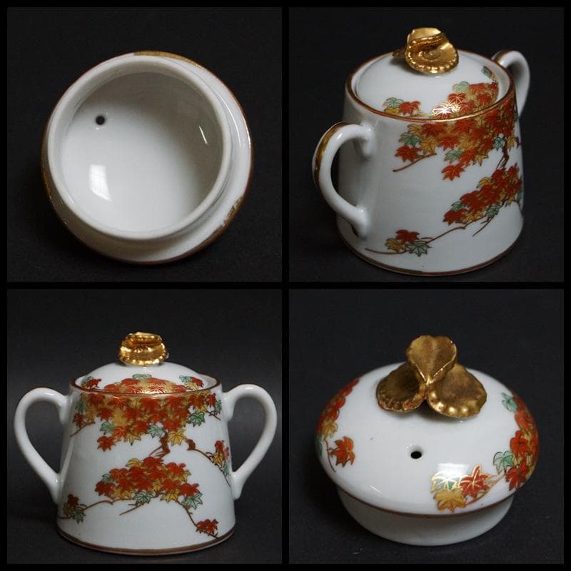 明治期 大村造 金彩赤色絵『紅葉文』オールドデミタスセット 里帰り★美品★