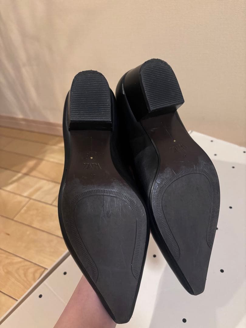 ZARA 本革 ポインテッドトゥレザーヒールブーツ 37 24cm ロングブーツ