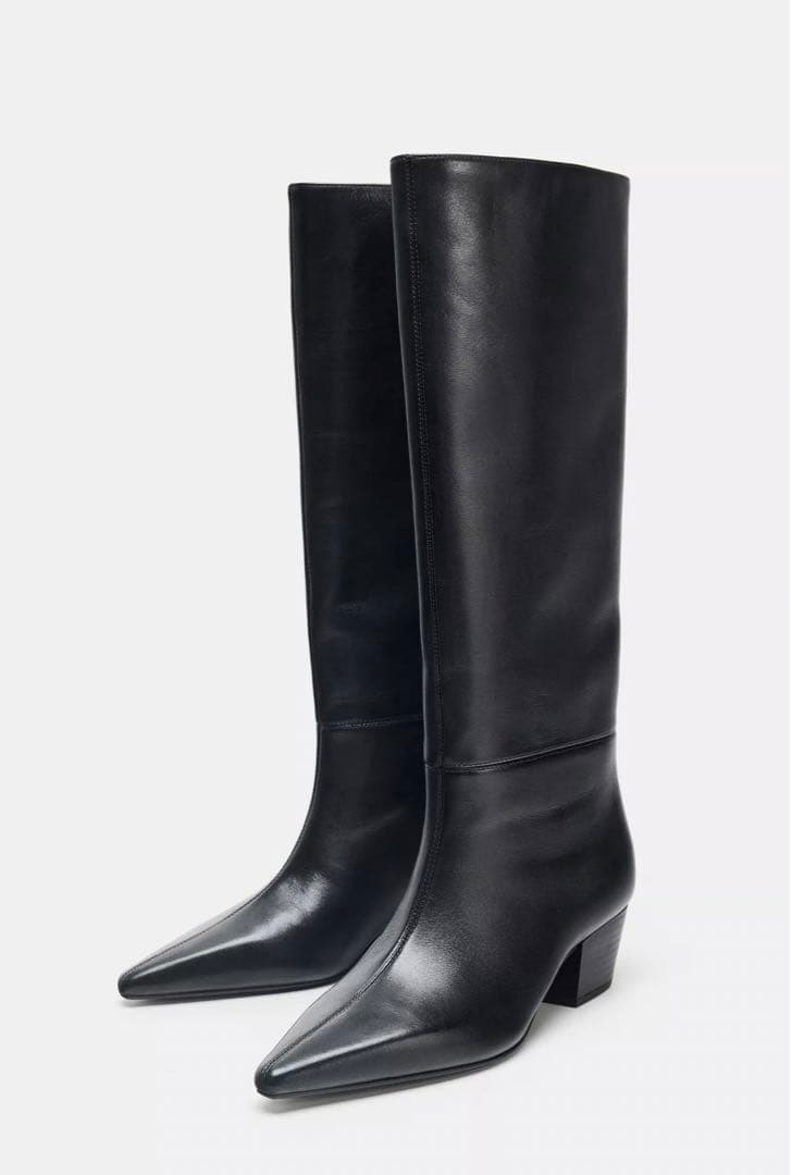 ZARA 本革 ポインテッドトゥレザーヒールブーツ 37 24cm ロングブーツ