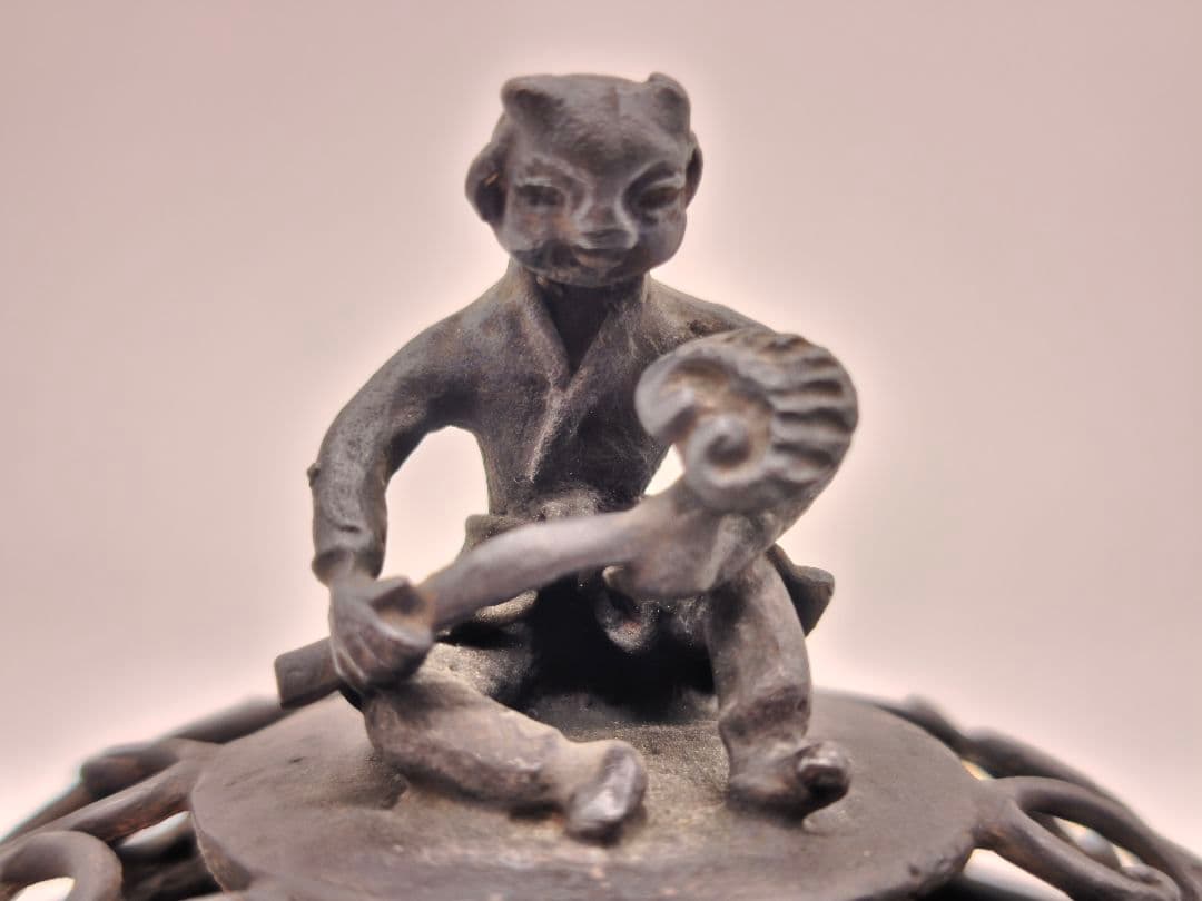 織田幸銅器 須賀月芳作 青銅製 香炉 玉型 霊芝耳 唐子足 螺鈿模様