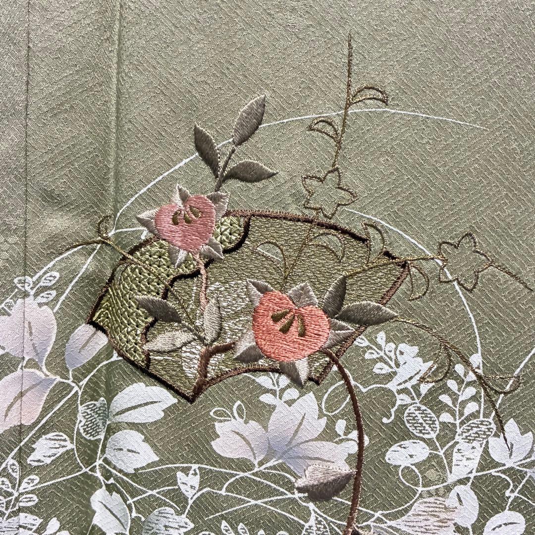 D102 訪問着 萩 花刺繍 正絹 着物 袷 しつけ糸付き未使用極美品