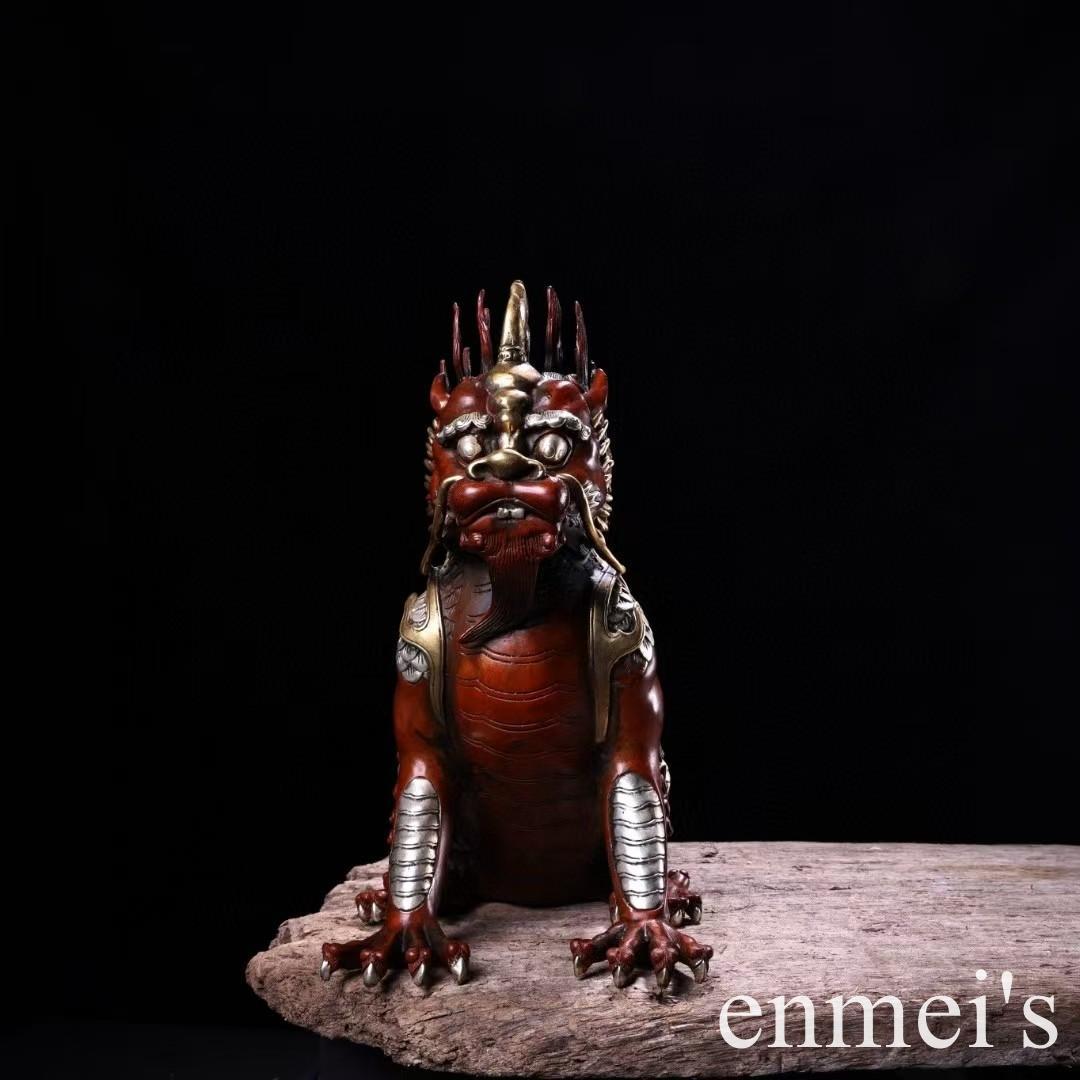 中国古美術・旧蔵鎏金鎏银の麒麟置物・瑞獣・純銅制・高浮彫・案頭・文房・禮品・風水