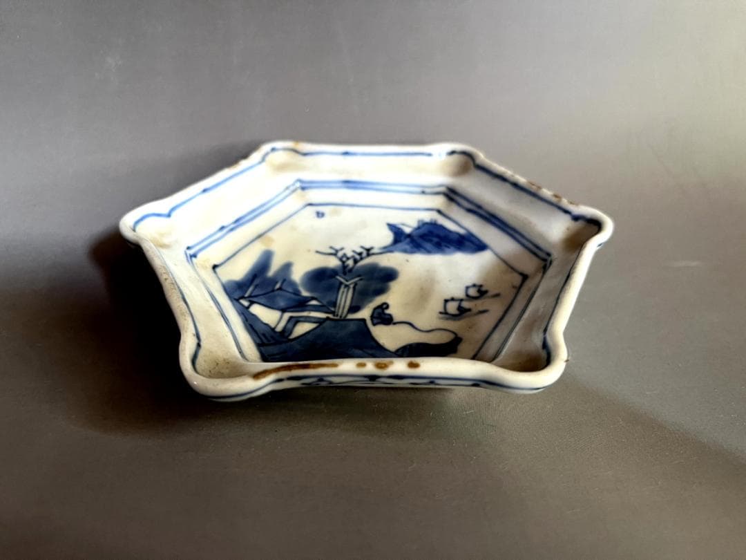 皿■古伊万里染付山水人物六角形皿 江戸期 古染 輪花 古美術 時代物 骨董品■