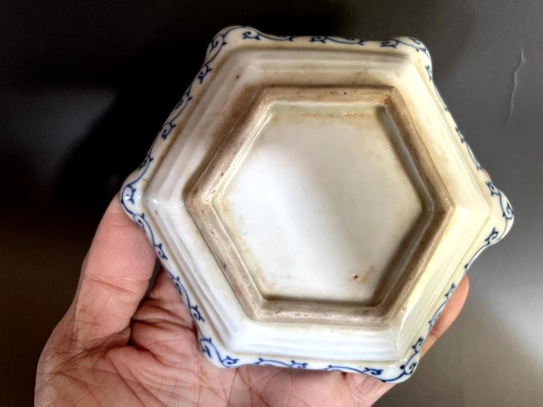 皿■古伊万里染付山水人物六角形皿 江戸期 古染 輪花 古美術 時代物 骨董品■