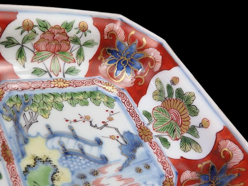 大聖寺伊万里　金襴手　窓絵　牡丹に菊　四方角向付　５客　N1643A-CLv